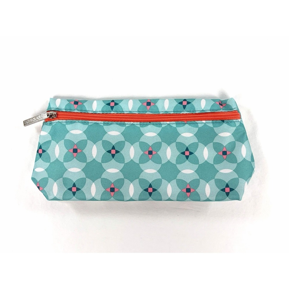 Clinique Cosmetic Pouch Makeup Bag Teal Geometric Circle Print Orange Zip New